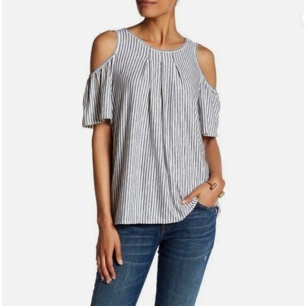Max Studio Women’s Cold Shoulder Pleated Top – Navy/White Striped – Size Medium